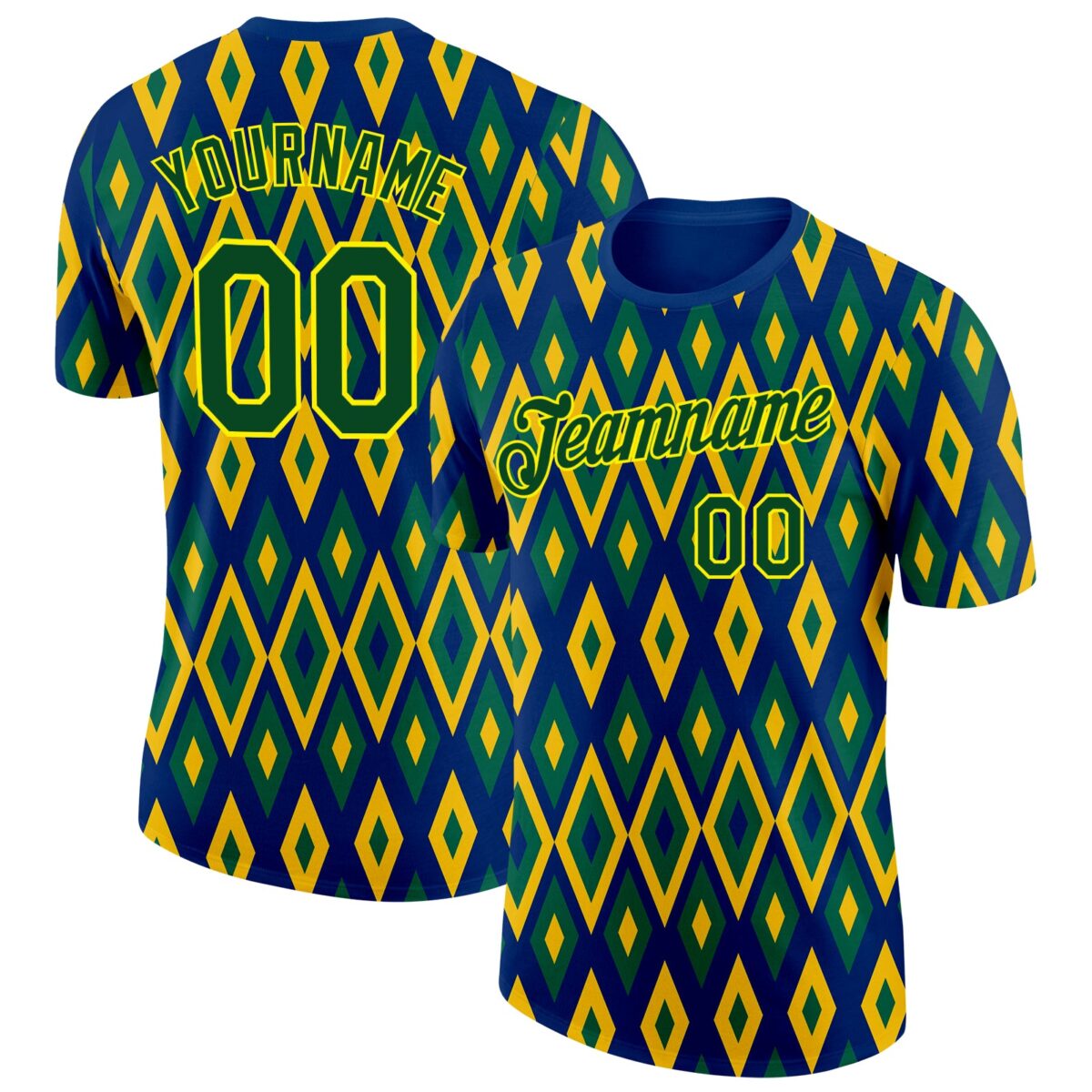 Custom Blue Green Yellow-Light Yellow Brazil Geometric Shape Performance T-Shirt