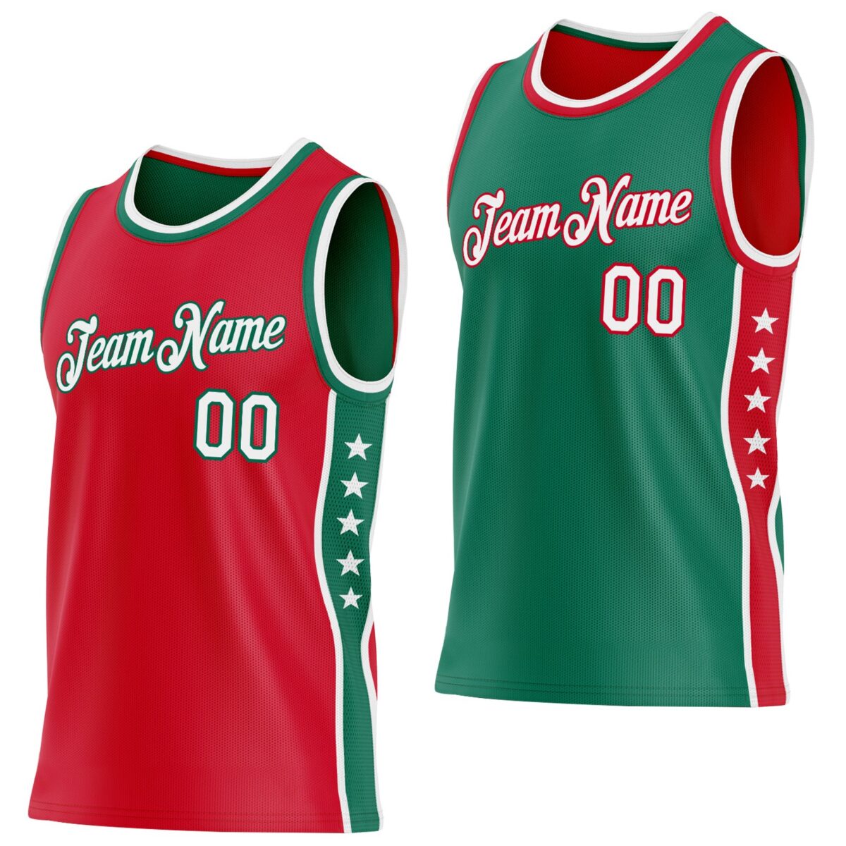 Custom Reversible Red White-Kelly Green Double Side Star Sublimation Basketball Suit Jersey