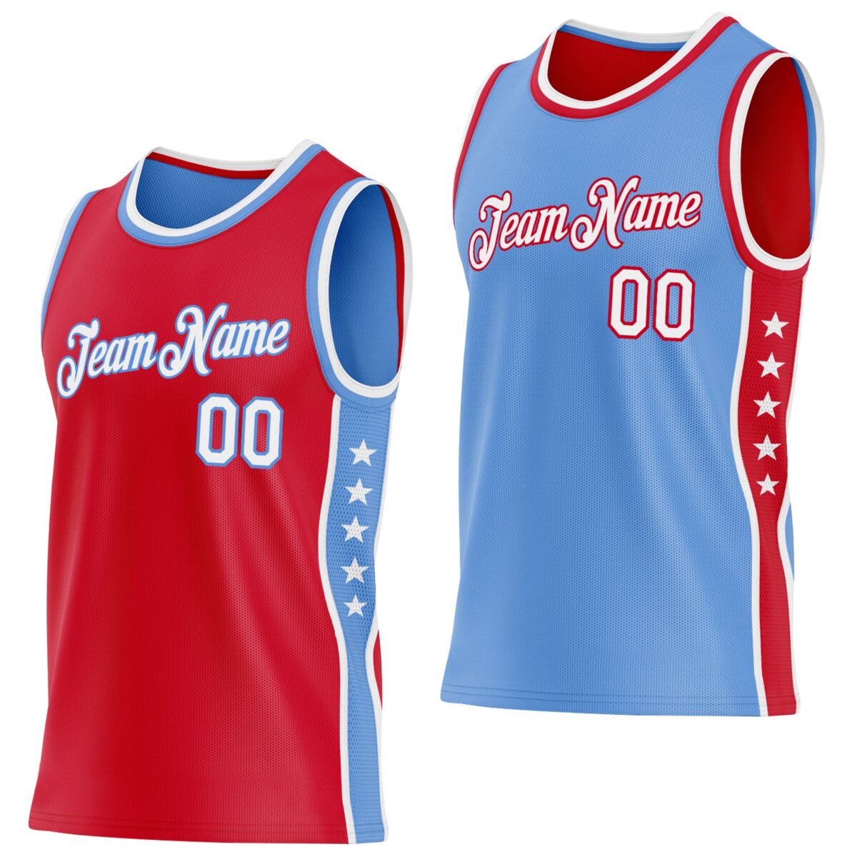 Custom Reversible Red White-Lakes Blue Double Side Star Sublimation Basketball Suit Jersey