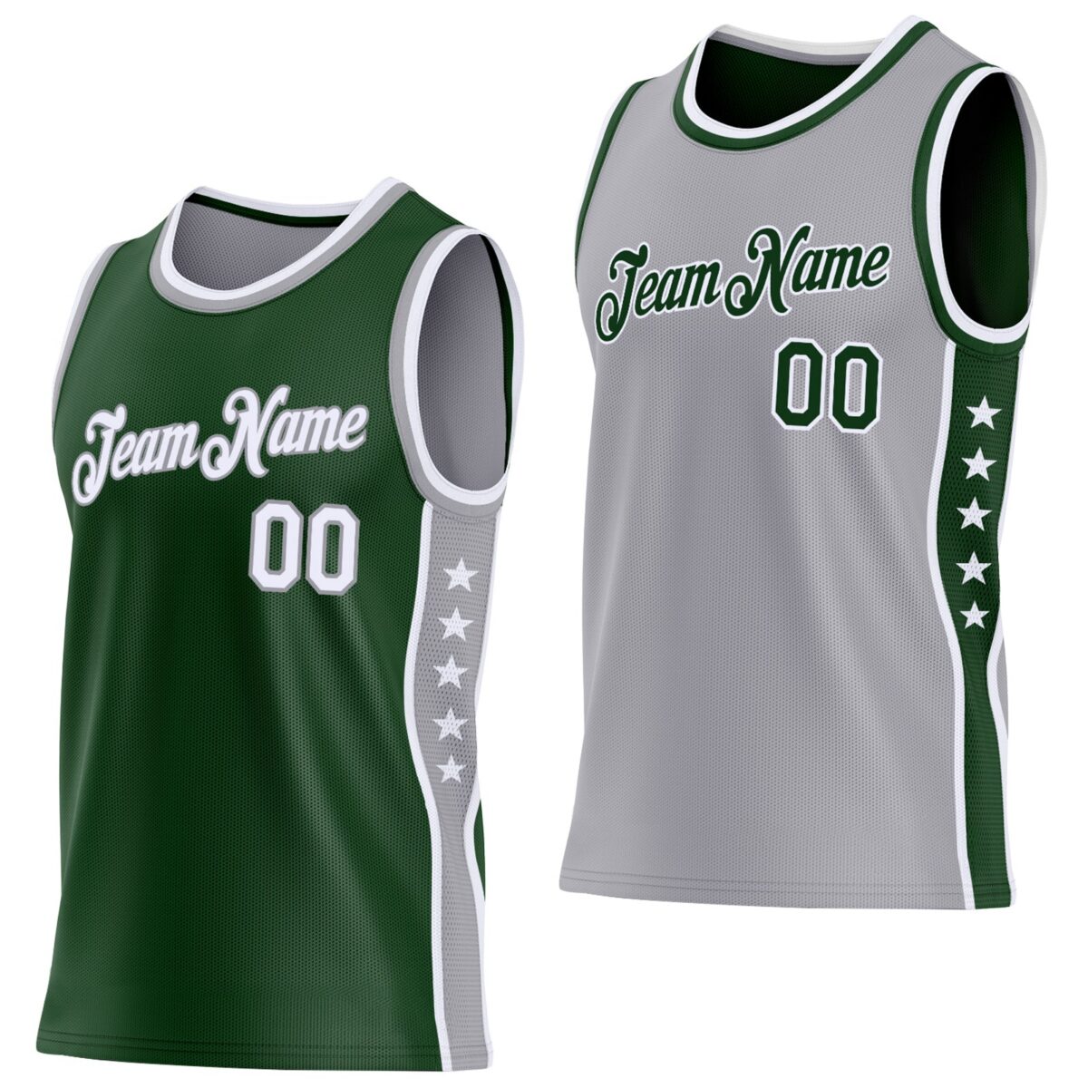 Custom Reversible Green White-Gray Double Side Star Sublimation Basketball Suit Jersey