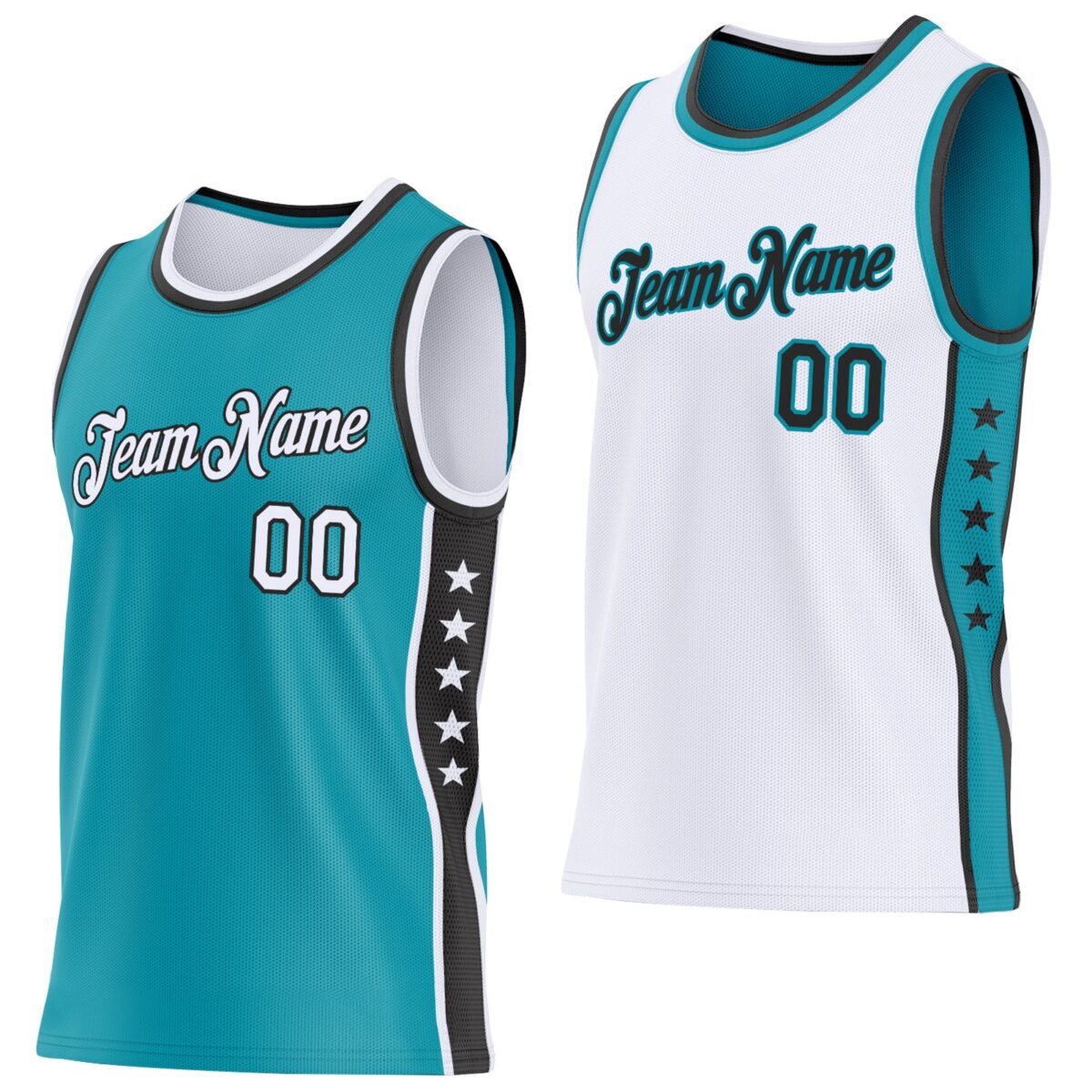 Custom Reversible Teal White-Black Double Side Star Sublimation Basketball Suit Jersey